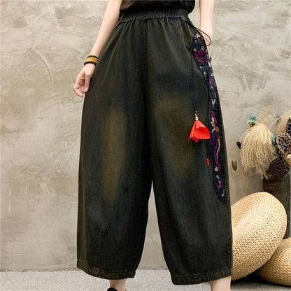 High-Waisted Wide Leg Pants With Embroidery And Tassels