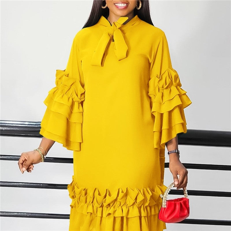 Stylish Ruffle Hem Trumpet Sleeve Dress
