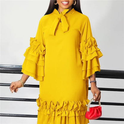 Stylish Ruffle Hem Trumpet Sleeve Dress