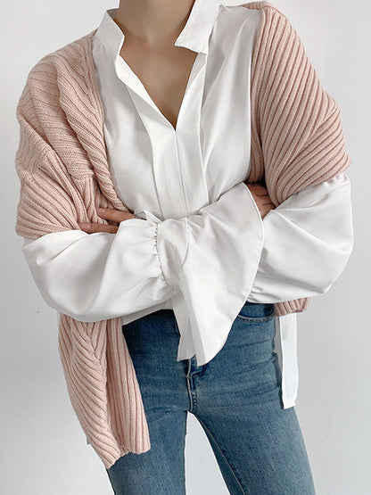 Flared Sleeves High-Low Buttoned Solid Color Split-Side V-Neck Blouses&Shirts Tops