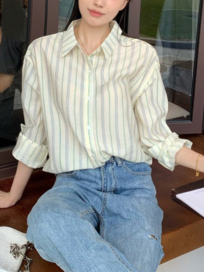 Long Sleeves Loose Buttoned Striped Lapel Blouses&Shirts Tops