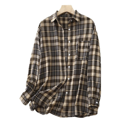 Long Sleeve Lapel Retro Plaid Casual Loose Blouse