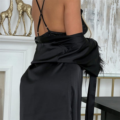 Feather Patchwork Satin Slip Dress with Long Sleeves
