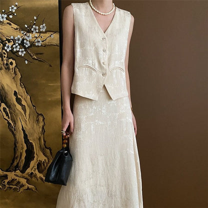 Floral Jacquard Vest and Skirt Ensemble