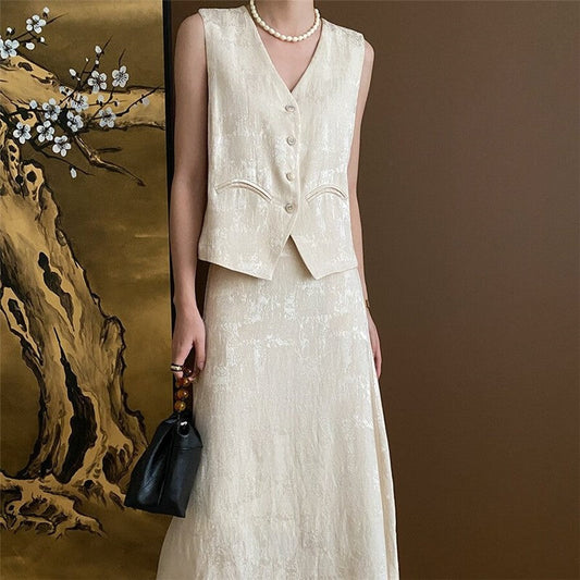 Floral Jacquard Vest and Skirt Ensemble