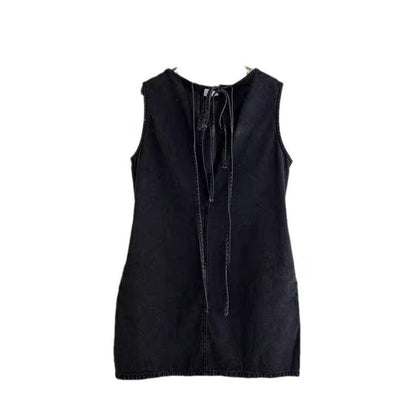 Denim Mini Dress with Sleeveless Design and Drawstring Waist