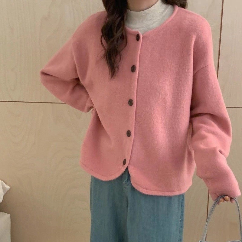 Loose Fit Solid Color Round Neck Sweater Cardigan