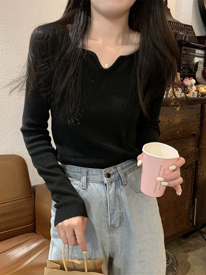 Long Sleeves Skinny Colorful Solid Color V-Neck Knitwear Pullovers Sweater Tops
