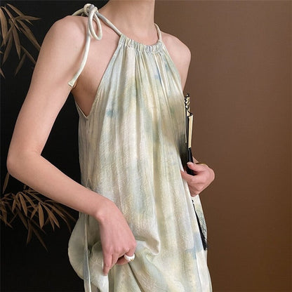 Traditional Chinese Ink Painting Inspired Gradient Drawstring Halterneck Dress