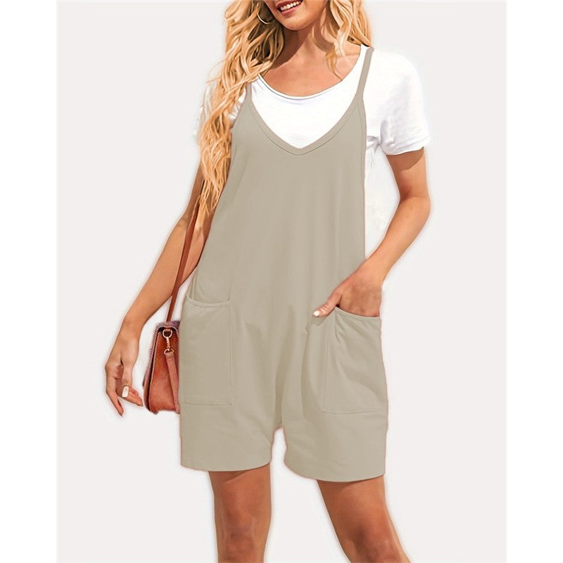 Solid Color Spaghetti Straps Sleeveless Pockets Casual Loose Short Jumpsuits