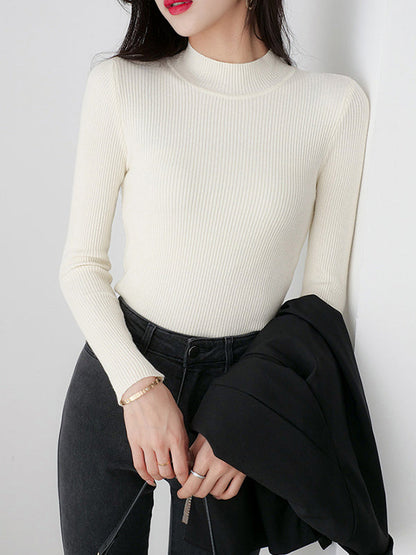 Simple Long Sleeves Skinny Solid Color High-Neck Pullovers