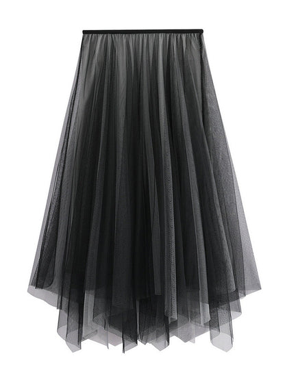 Original Simple Casual Irregular Solid Color Pleated Mesh Skirt