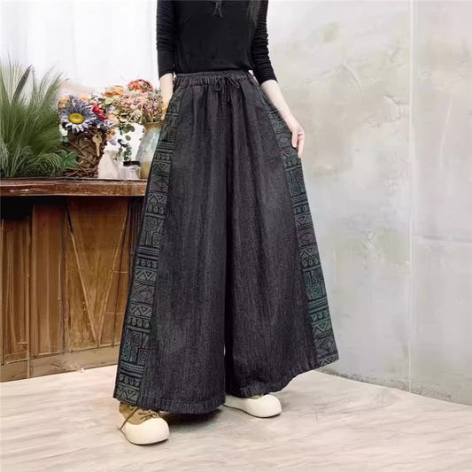 Drawstring High-Waisted Wide Leg Pants With Floral Print
