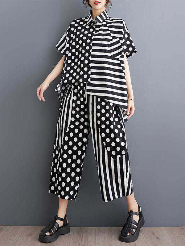 Half Sleeves High-Low Asymmetric Contrast Color Polka-Dot Split-Side Striped Lapel Blouses Top + Pants Bottom Two Pieces Set