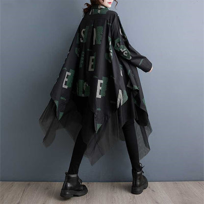 Loose Plus Size Mesh Splice Mid-Length Long Sleeve Dress