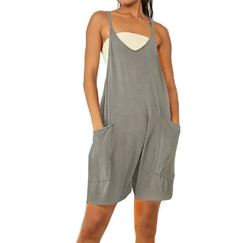 Solid Color Spaghetti Straps Sleeveless Pockets Casual Loose Short Jumpsuits