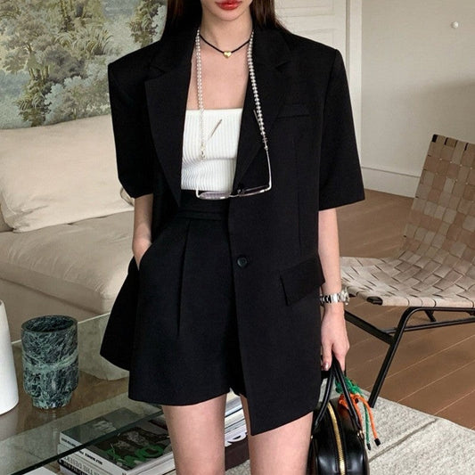 Single-Breasted Suit Shorts Set in Solid Color