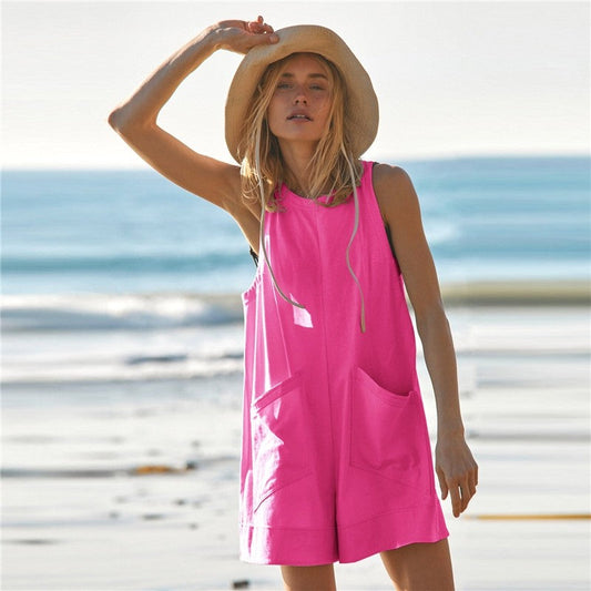 Sleeveless Solid Color Crewneck Loose Fit Casual Romper