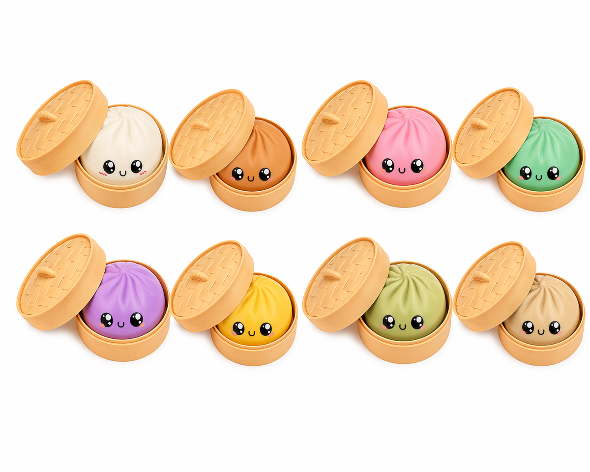 Squishy Dumpling Toys Mystery 2-Pack – Stress Relief Squeeze with Bamboo Steamer Basket, Random Colors Surprise Gift for Kids & Adults