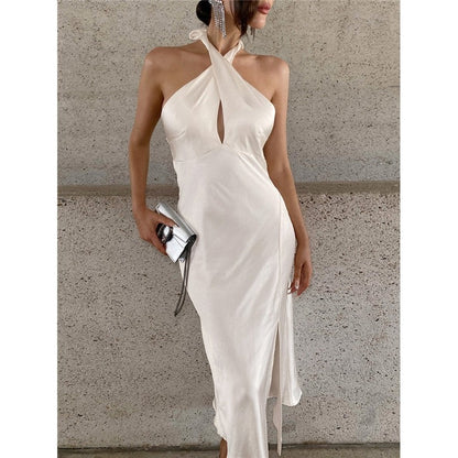 Halterneck Backless Slit Long Party Dress in Solid Color