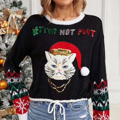 Sparkling Embroidered Cat Short Jacquard Christmas Sweater