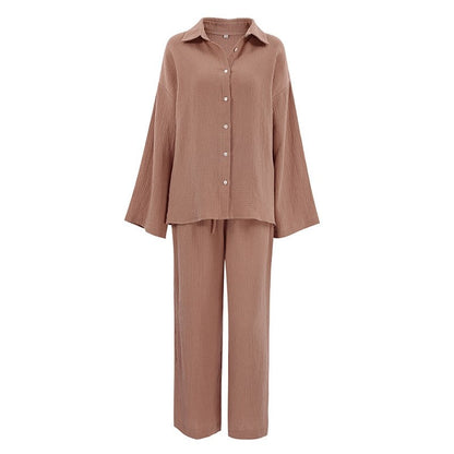 Solid Color Long Sleeve Lapel Buttoned Blouse and Pants Two-piece Lounge Set