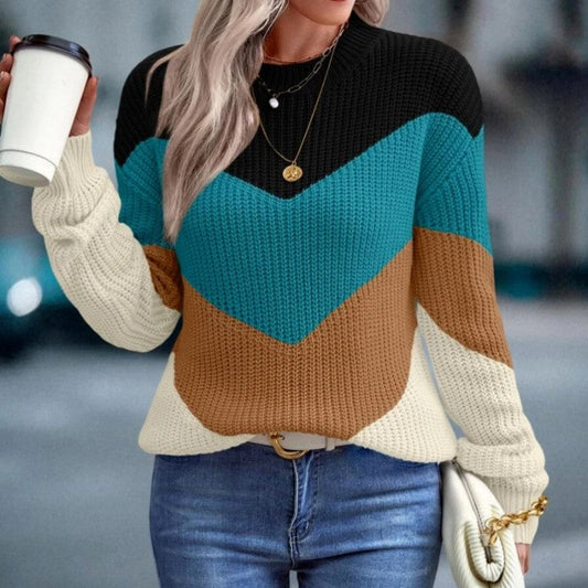 Loose Fit Color Block Round Neck Knit Sweater