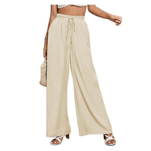 Elevated Solid Color High-Waisted Tie-Up Wide-Leg Trousers