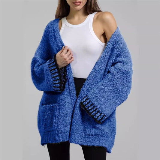 Casual Loose Contrast Color Long Sleeve Sweater Cardigan