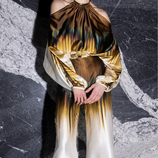 Printing Halterneck Hollow Shoulders Long Sleeve Top And Wide Leg Pants Two Pieces Suits