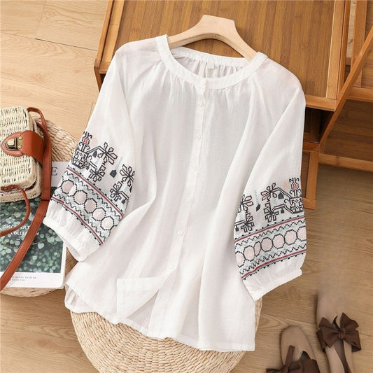 Embroidered Lantern Sleeve Cardigan T-Shirt