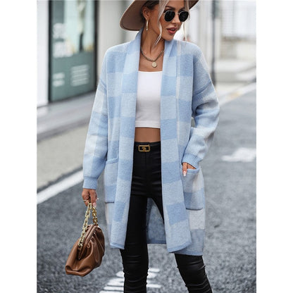 Contrast Color Long Sleeve Plaid Casual Loose Knitted Cardigan
