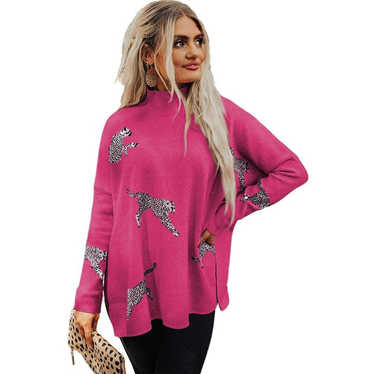 Loose High Neck Sweater With Printed Hem Slit