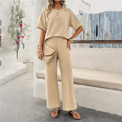 Solid Color Knit Short Sleeve Long Pants Set