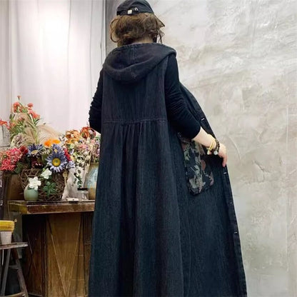 Sleeveless Denim Vest With Hood And Floral Print