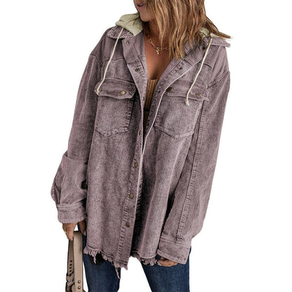 Loose Fit Color Block Hooded Corduroy Jacket