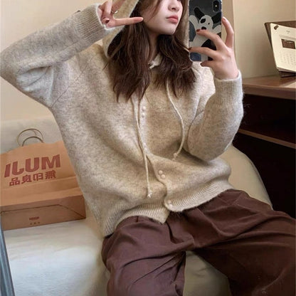 Solid Color Long Sleeve Hooded Drawstring Pullover Sweater