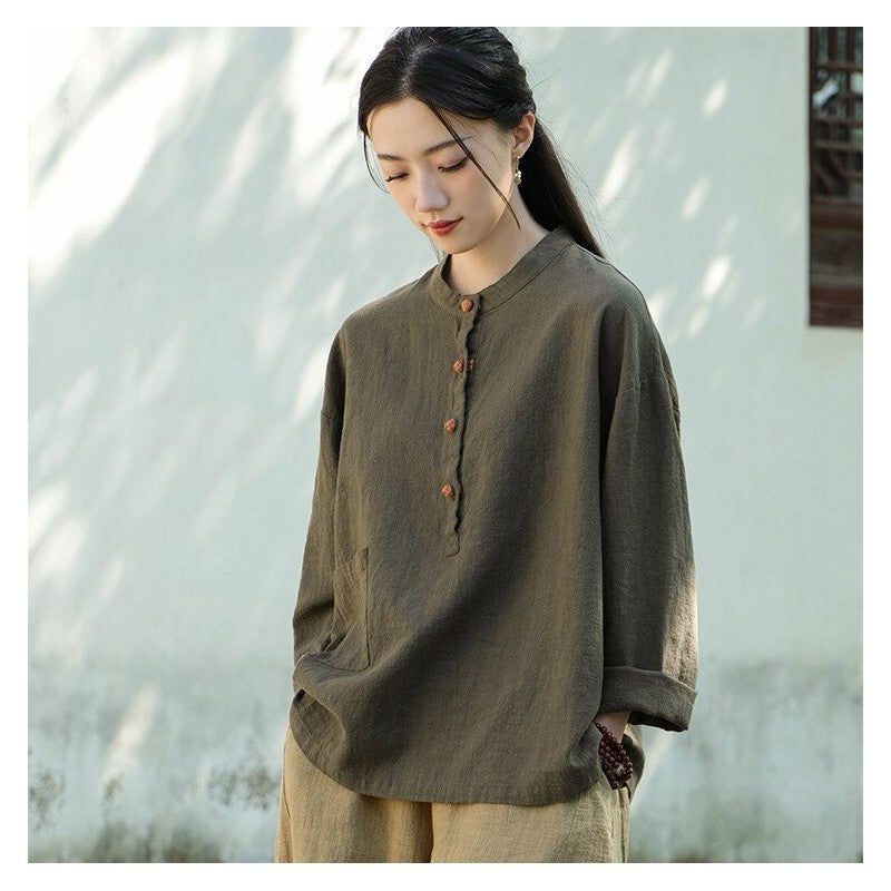 Stand Out in Style with our Solid Color Stand Collar Button-Up Short Sleeve Shirt