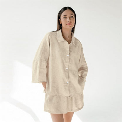 Cotton Linen Women's Seven-Quarter Sleeve Top and Shorts Pajama Set