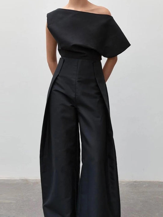 Loose Sleeveless Solid Color Off-The-Shoulder Two Pieces Set