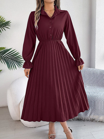 A-Line Flared Sleeves Buttoned Elasticity Pleated Solid Color Lapel Maxi Dresses
