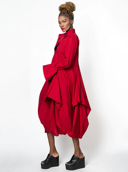 Chic Relaxed Fit Stand-Collar Long Sleeve Midi Dress