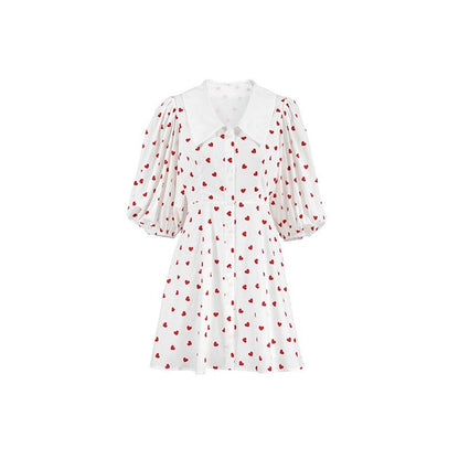 Printed Bubble Sleeve Dress with Cinched Waist, Lapel, and Minimalist Styling