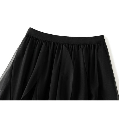 Elastic Waist Mesh Skirt with Irregular Ruffled Hem - Solid Color