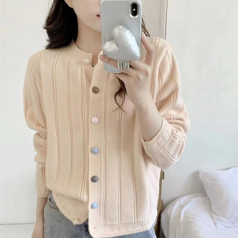 Solid Color Long Sleeve Crewneck Buttoned Cardigan Sweater
