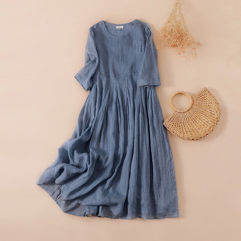 High-Waisted Solid Color Long A-Line Dress