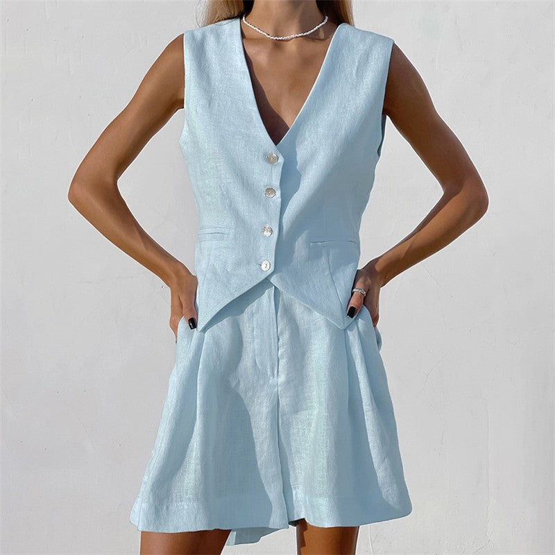 Casual Two-Piece Suit with Sleeveless Single-Breasted Vest and Shorts in Solid Color