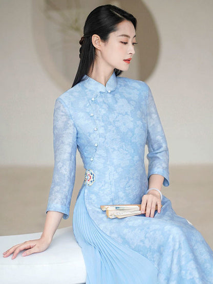Fashion Vintage Light Blue Jacquard Long Cheongsams