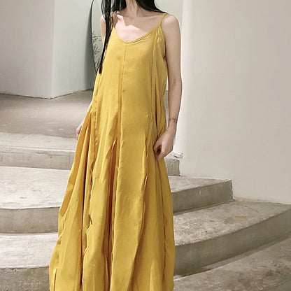 Solid Color Spaghetti Strap Sleeveless A-Line Maxi Dress with Full Hem