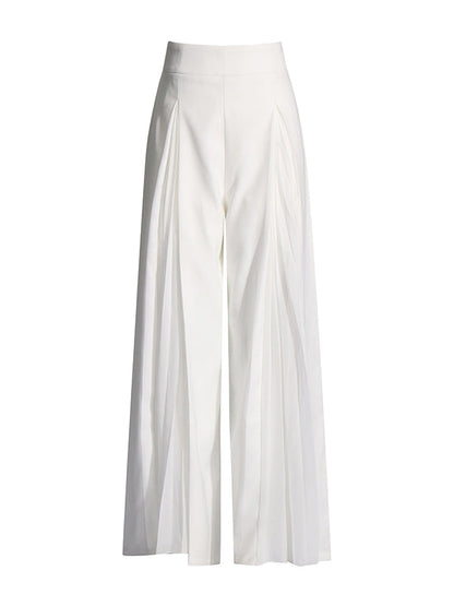 Long Sleeves Buttoned Solid Color Split-Joint Round-Neck Blazers Top + Zipper Wide Leg Mesh Pleated Pants Bottom Two Pieces Set